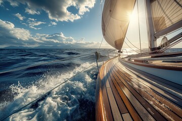 Photo of a sailing yacht on the sea, taken from the deck of the boat and looking to the bow with the sail billowing in wind. Suitable for travel or adventure concepts.