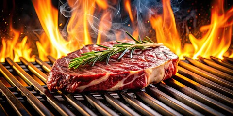 Beef ribeye steak grilling on flaming grill during 4th of July, beef, ribeye, steak, grilling, flaming, grill, 4th of July, barbeque
