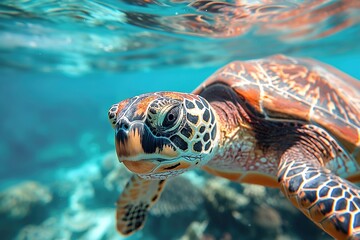 Fototapeta premium Close-Up of a Sea Turtle Swimming in Crystal Clear Water