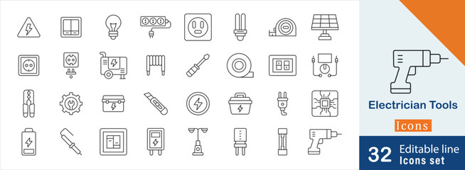 Electrical Essentials Vector Icons. containing electrical box, cable clips, screwdriver,  power drill, electrical panel and more icons. Trades and Repairs editable stroke icon