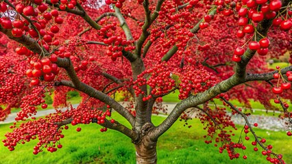 Close-up aerial view of a vibrant red cherry tree background, cherry tree, bright, red, fruit, top view, close-up, juicy