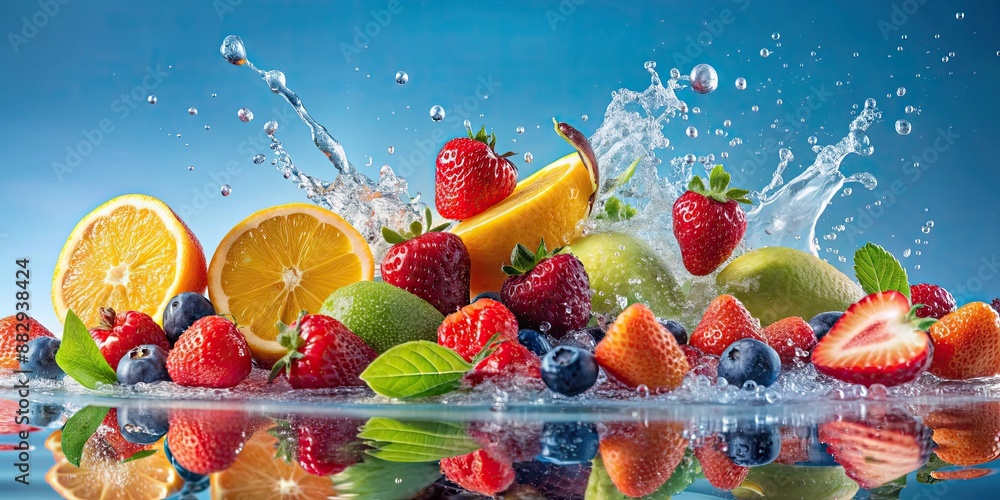 Canvas Prints Bright and colorful assortment of delicious fruit splashing into water, fruit, colorful, vibrant, water, splash, juicy