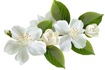 Obraz premium Blooming jasmine flower branch with jasmine leaves isolated on white background.