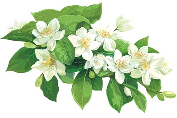 Obraz premium Blooming jasmine flower branch with jasmine leaves isolated on white background.