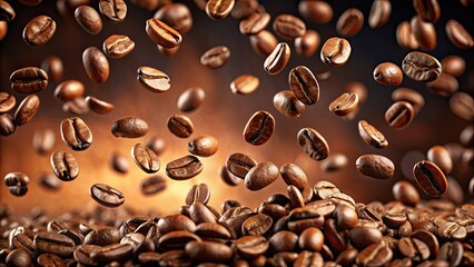 Obraz premium Coffee beans flying through the air, coffee, beans, flying, air, movement, motion, aroma, roast, caffeine, freshness