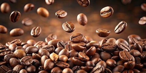 Obraz premium Coffee beans flying through the air, coffee, beans, flying, motion, movement, air, fresh, energy, caffeine, aroma