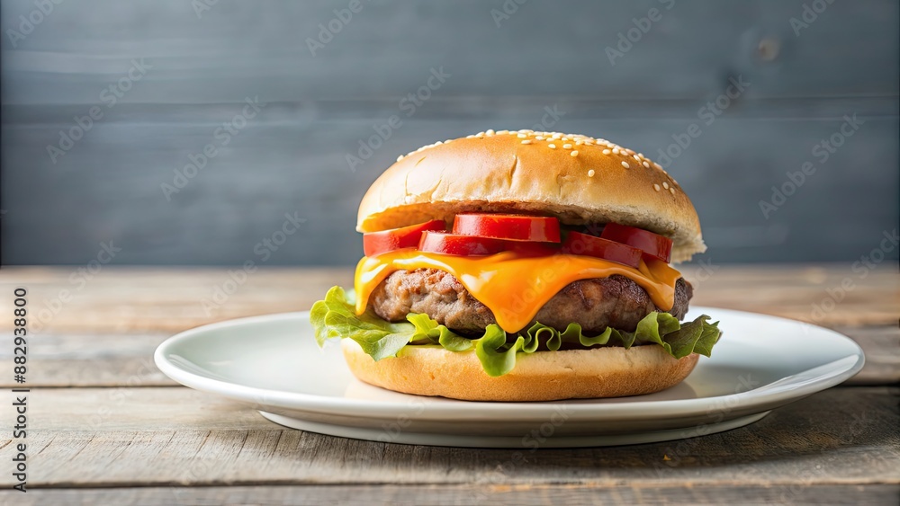 Sticker Bitten cheeseburger on a plate , food, burger, fast food, unhealthy, delicious, meal, snack, bites, plate, restaurant