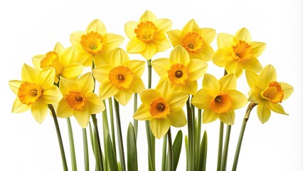 Collection of yellow daffodils flowers isolated on white background, spring, floral, nature, bouquet, vibrant, petals, bloom, bright