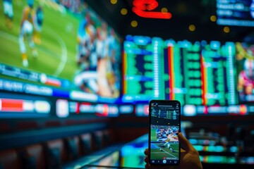Sports betting. Mobile phone screen against background of sports competition analysis charts. Display of bets, winnings, losses on screen. Bookmakers, betting, prediction, luck.