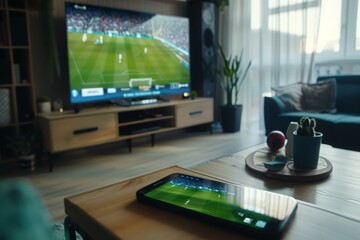Sports betting. Mobile phone screen on living room table against background of football match on television. Display of bets, winnings, losses on screen. Bookmakers, betting, prediction, luck.