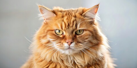 Close up of a fluffy angry ginger cat with a grumpy expression, looking at the camera in a light room background, ginger, cat