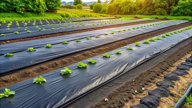 Black geotextiles laid between vegetable beds, geotextiles, black, vegetable beds, agriculture