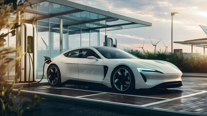 White electric car is charging at a charging station against view of the modern city background. 3d, rendering, illustration, skyscrapers.