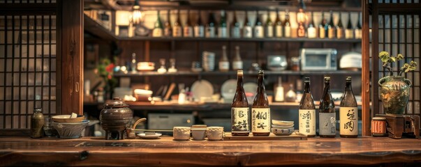 Naklejka premium Japanese restaurant. Counter section of a typical small traditional Japanese style restaurant. Wide format. Generative AI