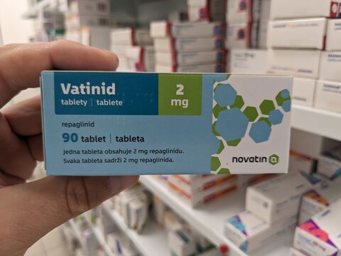 Prague, Czech Republic - July 10 2024: VATINID box of medication with REPAGLINIDE active substance by TEVA, used for treatment of type 2 diabetes and blood sugar control.