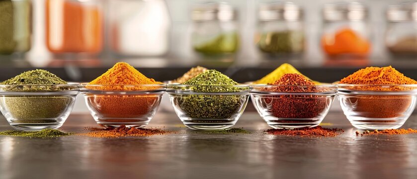 Assorted spices in small glass bowls on a table, showcasing a variety of vibrant colors. Ideal for culinary or kitchen-related themes.