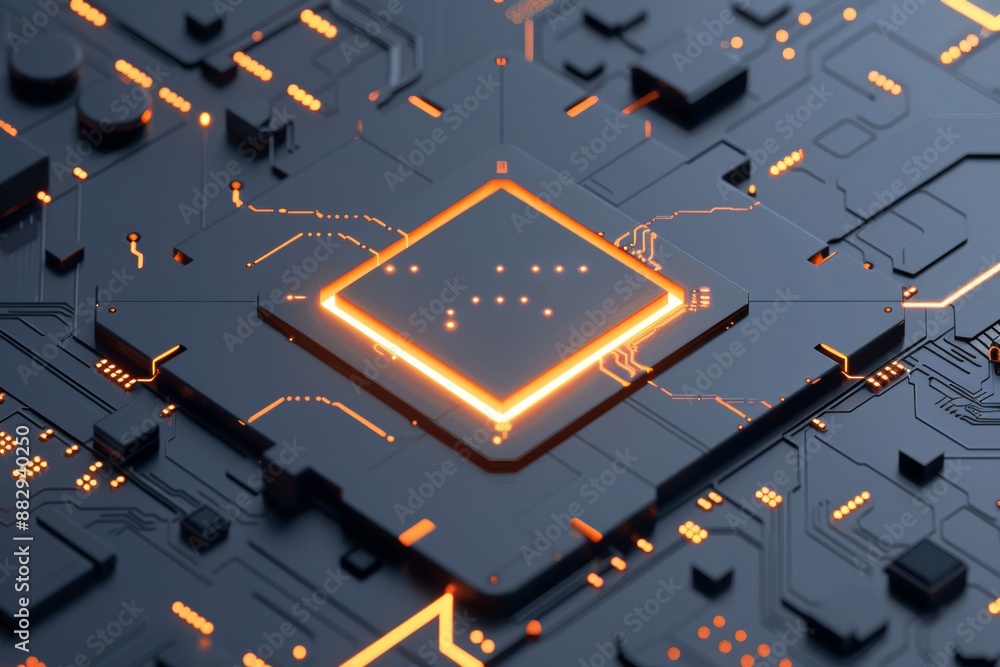 Poster close up of illuminated microchip circuits with intricate details in sharp focus