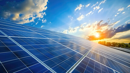 Photovoltaic solar panels on sunset sky background, green clean energy concept background.