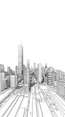 Minimalist Line Art of a Futuristic City Skyline on a White Background