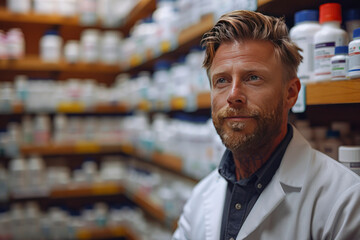 Fototapeta premium caucasian, european pharmacist stands next to medicines on pharmacy shelves. Healthcare Professionals concept. copy space