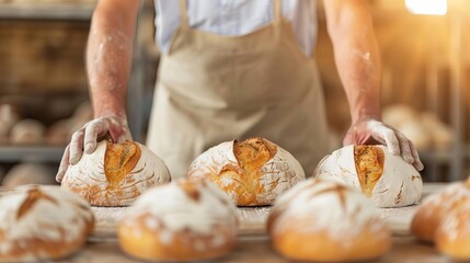 A baker arranging fresh artisanal bread loaves on a wooden table in a bakery with a warm, rustic atmosphere.