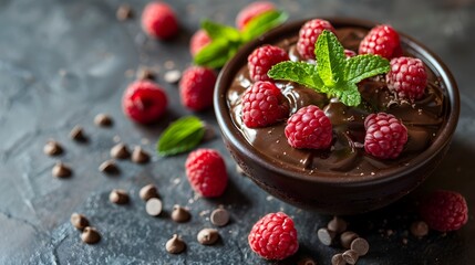 Vegan Chocolate Avocado Mousse with Fresh Raspberries and Mint Leaves