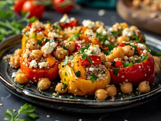Flavorful Mediterranean Stuffed Peppers with Quinoa and Chickpeas on a Plate