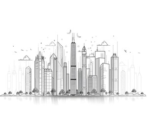 Fototapeta premium Minimalist Line Art of a Modern City Skyline on White Background