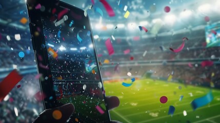 Advertising sports betting. Screen mobile phone in man's hand on background football field, win, confetti.