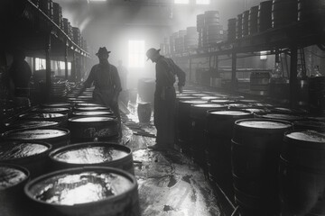 Early 1900s processing factory using half barrels, Generative AI