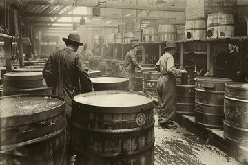 Early 1900s processing factory using half barrels, Generative AI