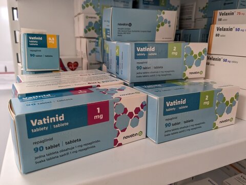 Prague, Czech Republic - July 10 2024: VATINID box of medication with REPAGLINIDE active substance by TEVA, used for treatment of type 2 diabetes and blood sugar control.
