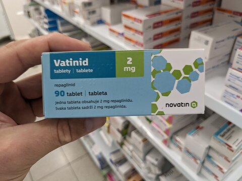 Prague, Czech Republic - July 10 2024: VATINID box of medication with REPAGLINIDE active substance by TEVA, used for treatment of type 2 diabetes and blood sugar control.