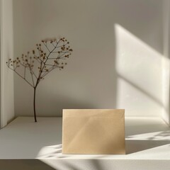 Minimalist brown envelope on white table bathed in soft, natural lighting, elegant simplicity