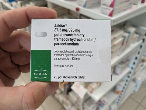 Prague, Czech Republic - July 10 2024: ZALDIAR box of medication with TRAMADOL and PARACETAMOL active substances by GRUNENTHAL, used for treatment of moderate to severe pain.