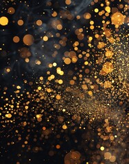 Golden glittering light dots on a black background . 