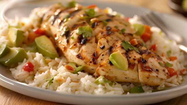 A bed of fragrant jasmine rice topped with tender and juicy chicken and a drizzle of delicate avocado oil for extra flavor.