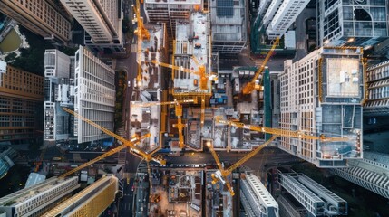 Aerial view of a bustling city construction site with cranes and buildings showcasing urban development and architectural progress.