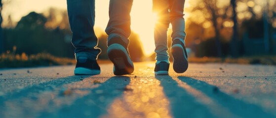 A close-up shot of two people walking on a path during sunset, casting long shadows on the ground.