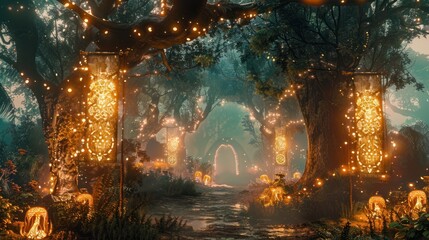 Enchanted Forest Path with Glowing Banners