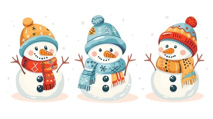Three cute snowmen wearing colorful hats and scarves.