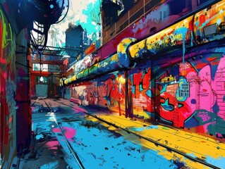Fototapeta premium Vibrant urban alley adorned with colorful graffiti and street art, showcasing creative expressions in a bustling cityscape.