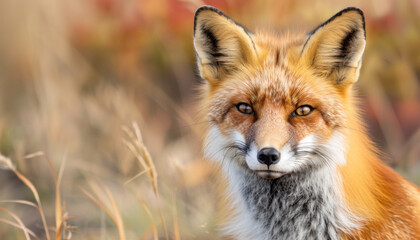 Fototapeta premium A red fox is calmly positioned within a meadow of lush tall grass, gazing directly at the camera