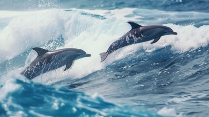 Fototapeta premium Playful dolphins jumping over breaking waves. Hawaii Pacific Ocean wildlife scenery