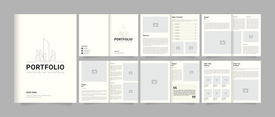 Real estate portfolio design or interior portfolio pages or architecture portfolio brochure template with 12 pages premium EPS vector design