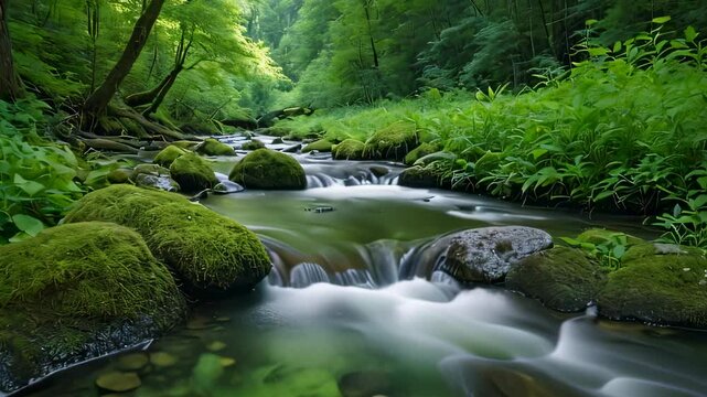 Video animation of  serene forest stream. The stream flows over moss-covered rocks, creating small cascades of water.