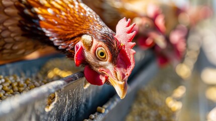 Broilers as they eat pellets from a feeder Systematic feeding process within a poultry farm which demonstrates an efficient and systematic method of raising broilers.