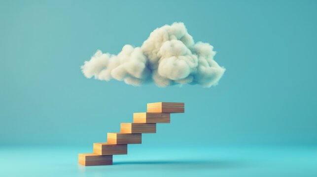 Dream big symbol in wooden blocks staircase to clouds on blue background Aim high to reach aspirations