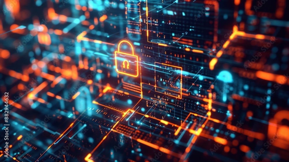 Poster a digital illustration showing a secure and encrypted data flow through a network.