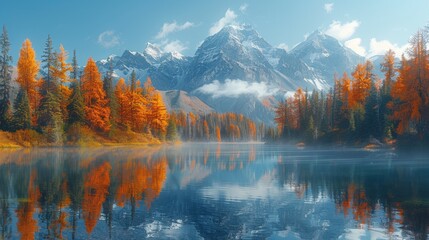 Fototapeta premium Autumn forest and mountain reflection in lake - generative ai